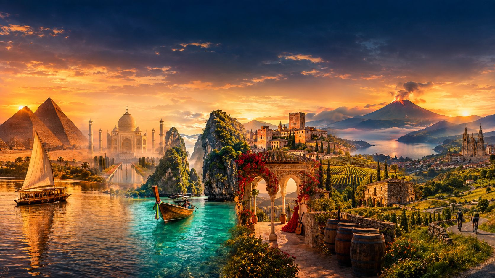 NTC luxury travel destinations collage — Egypt, India, Thailand, Andalucía, Guatemala and Camino