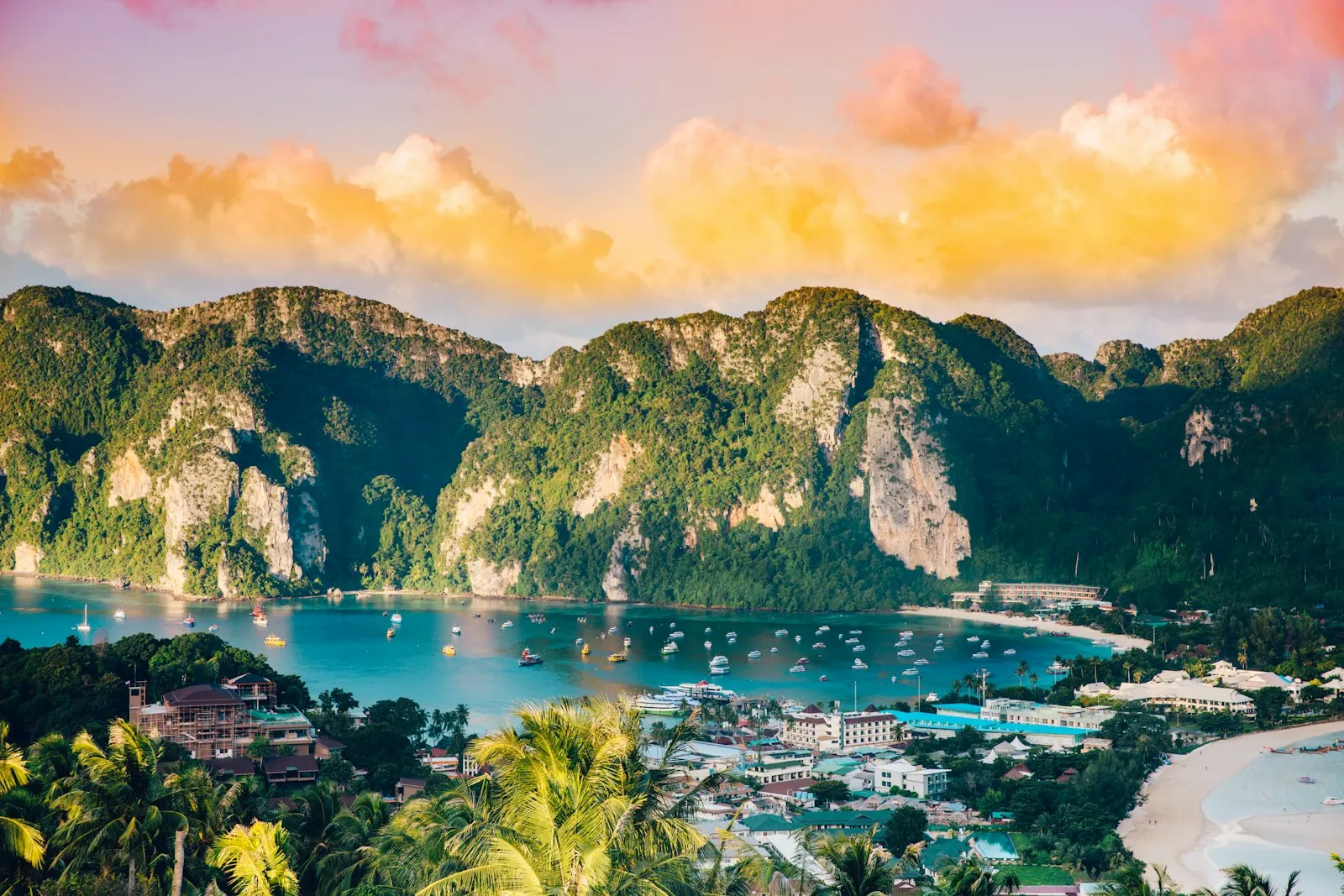 Koh Phi Phi Don double bay and limestone cliffs, Thailand